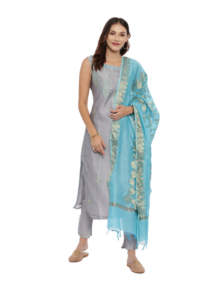 Neerus Grey embroidered kurta set with pant and dupatta - front view
