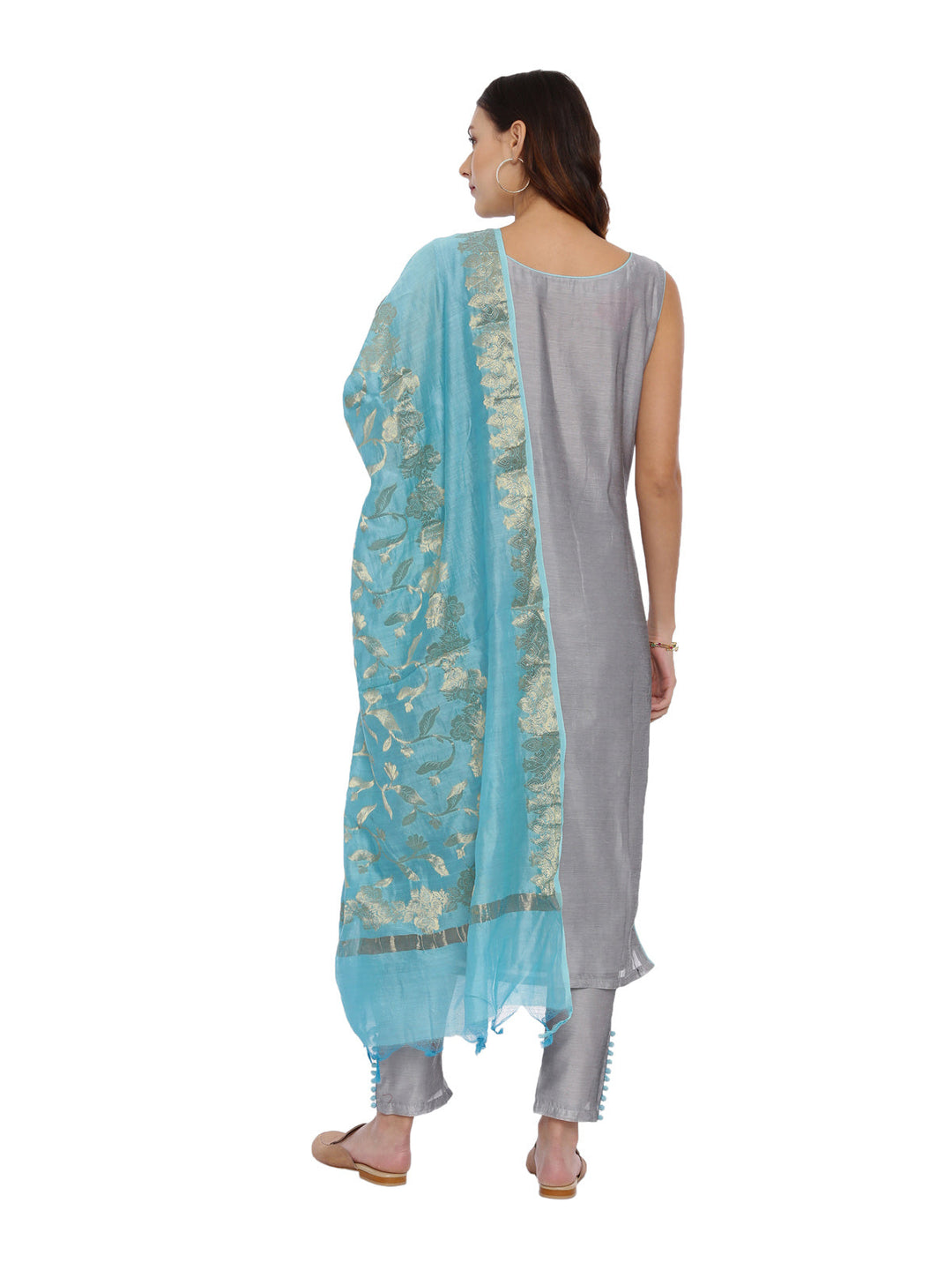 Neerus Grey embroidered kurta set with pant and dupatta - detail view 1
