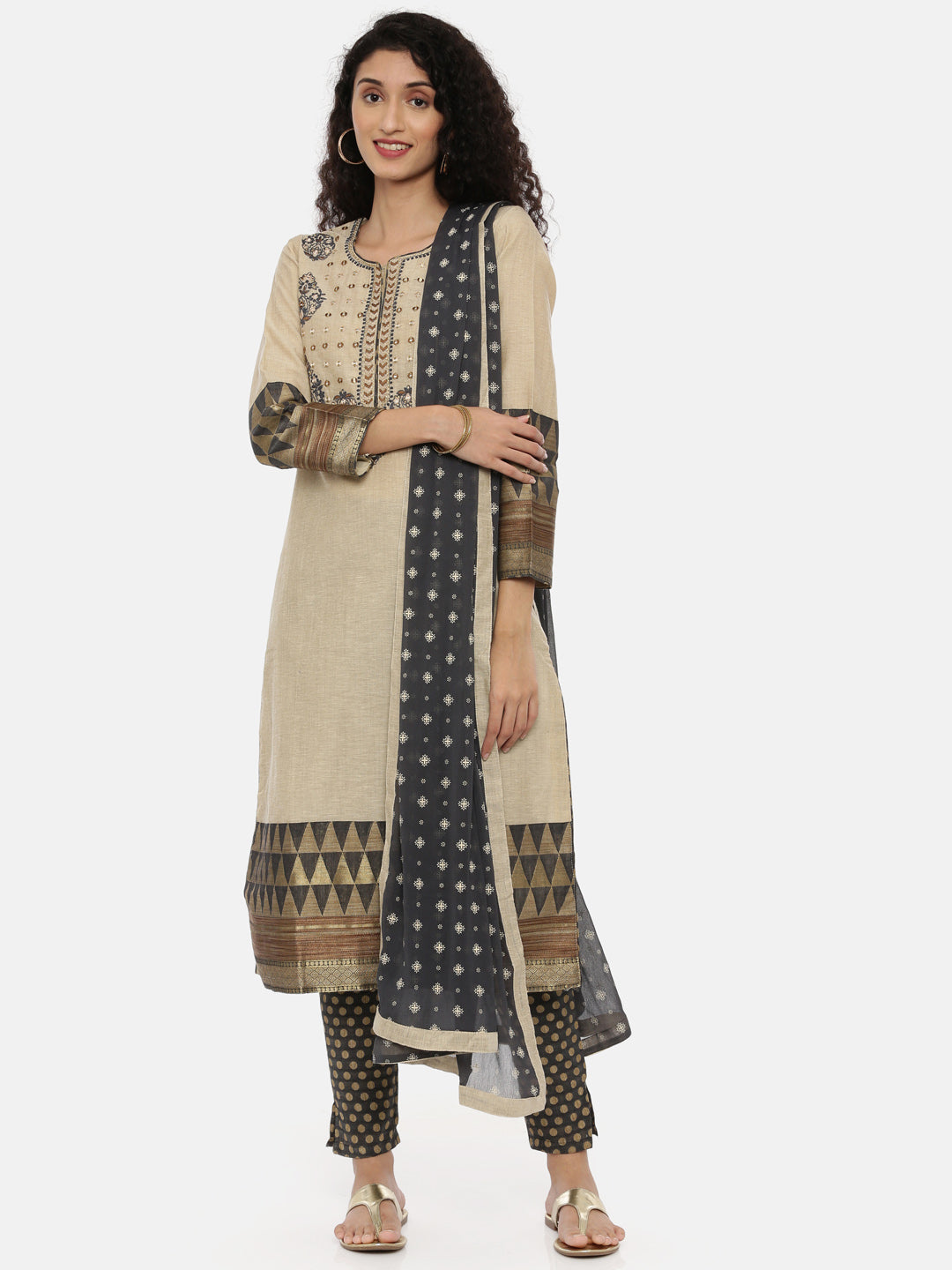 Neerus Beige embroidered kurta set with pant and dupatta - front view