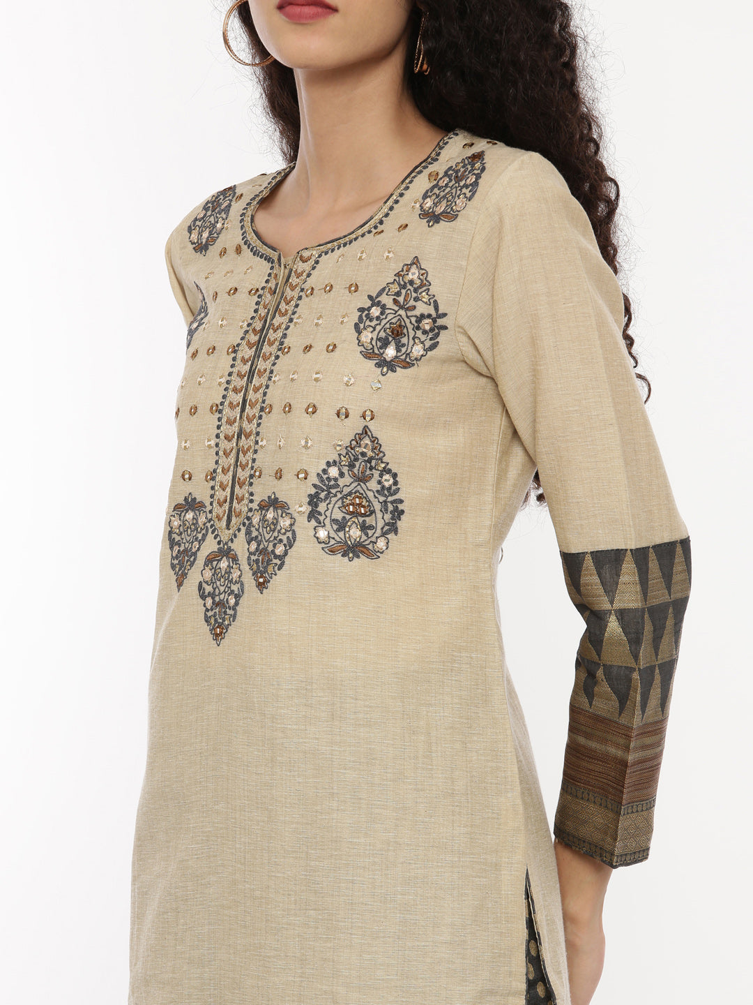 Neerus Beige embroidered kurta set with pant and dupatta - back view