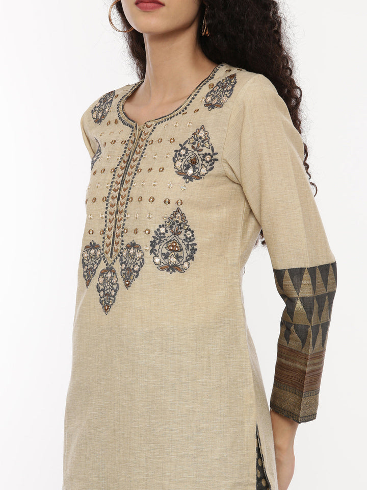 Neerus Beige embroidered kurta set with pant and dupatta - back view