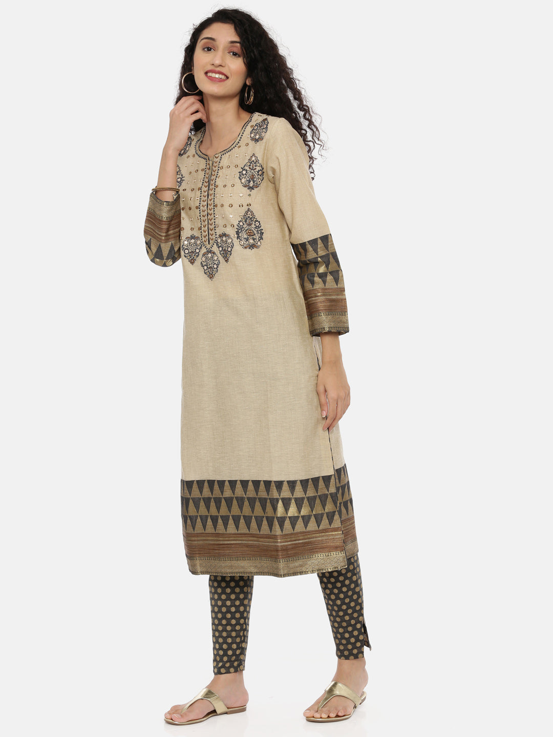 Neerus Beige embroidered kurta set with pant and dupatta - detail view 2