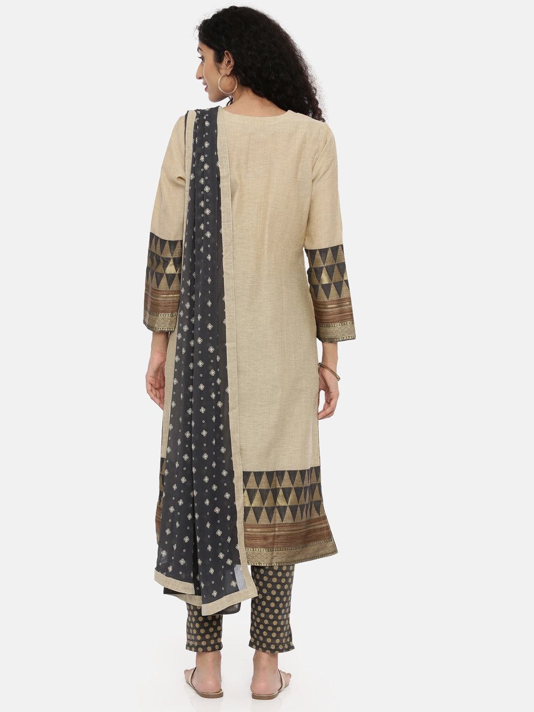 Neerus Beige embroidered kurta set with pant and dupatta - side view