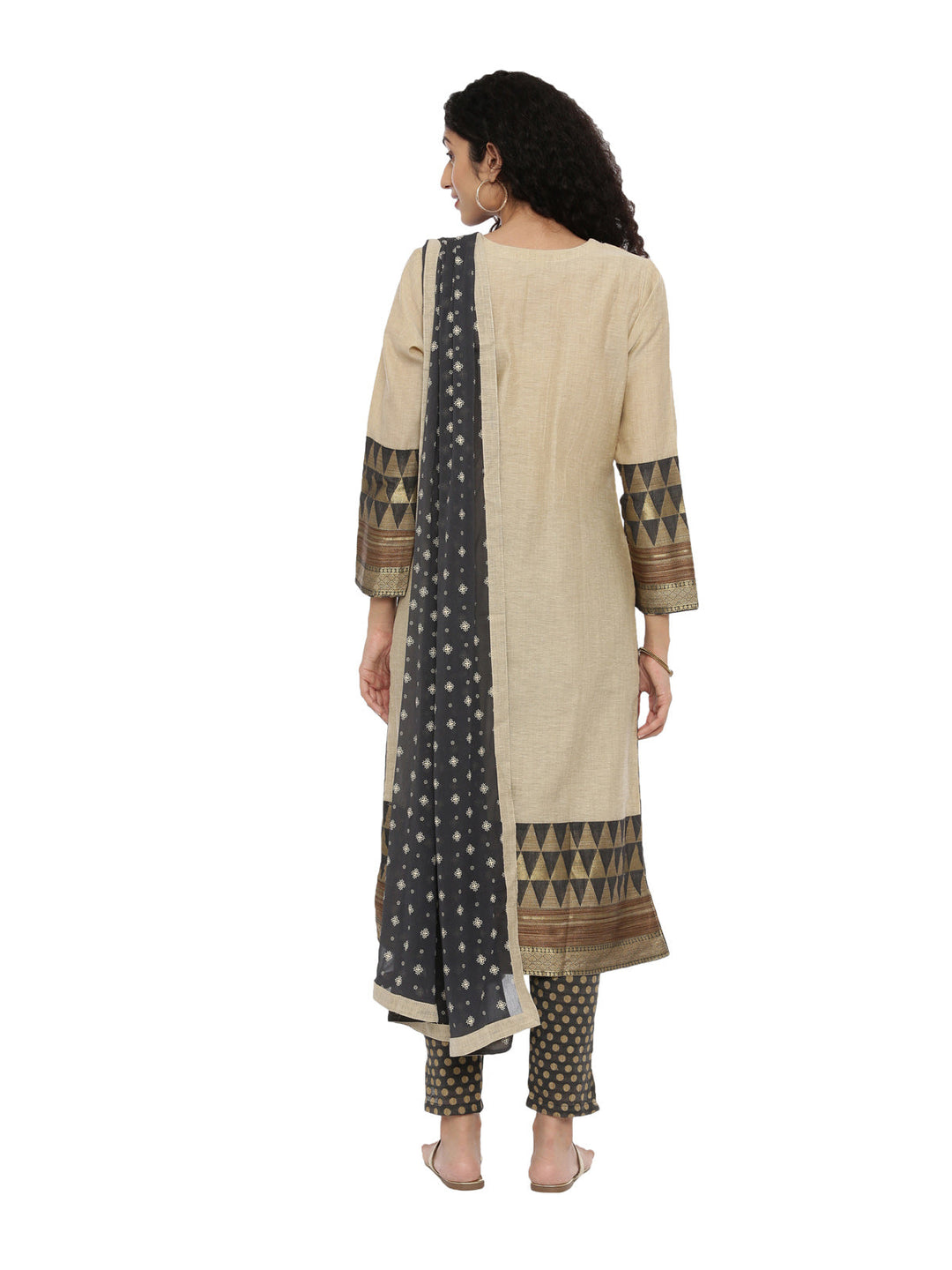 Neerus Beige embroidered kurta set with pant and dupatta - detail view 1