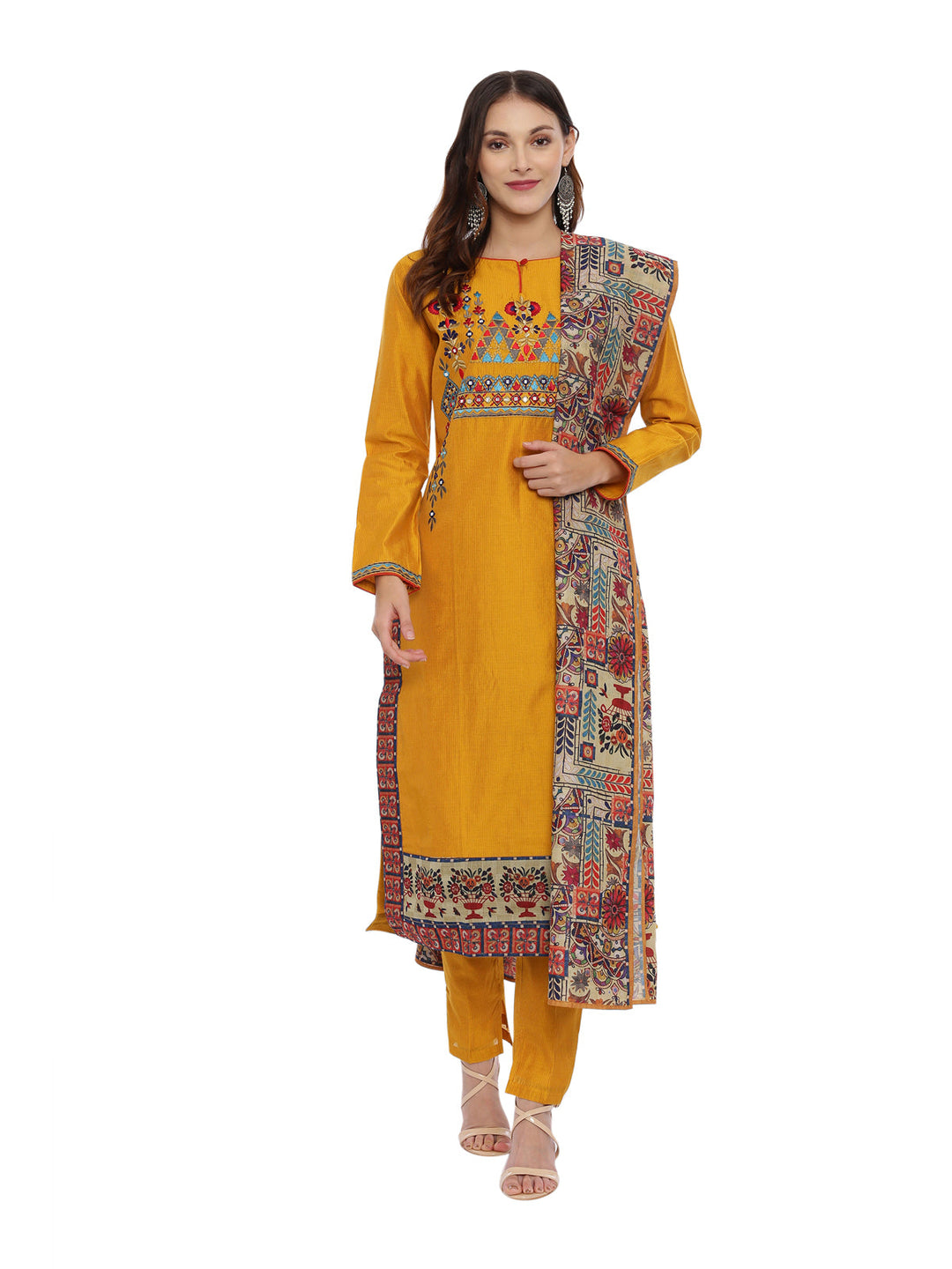 Neerus Yellow embroidered kurta set with pant and dupatta - front view