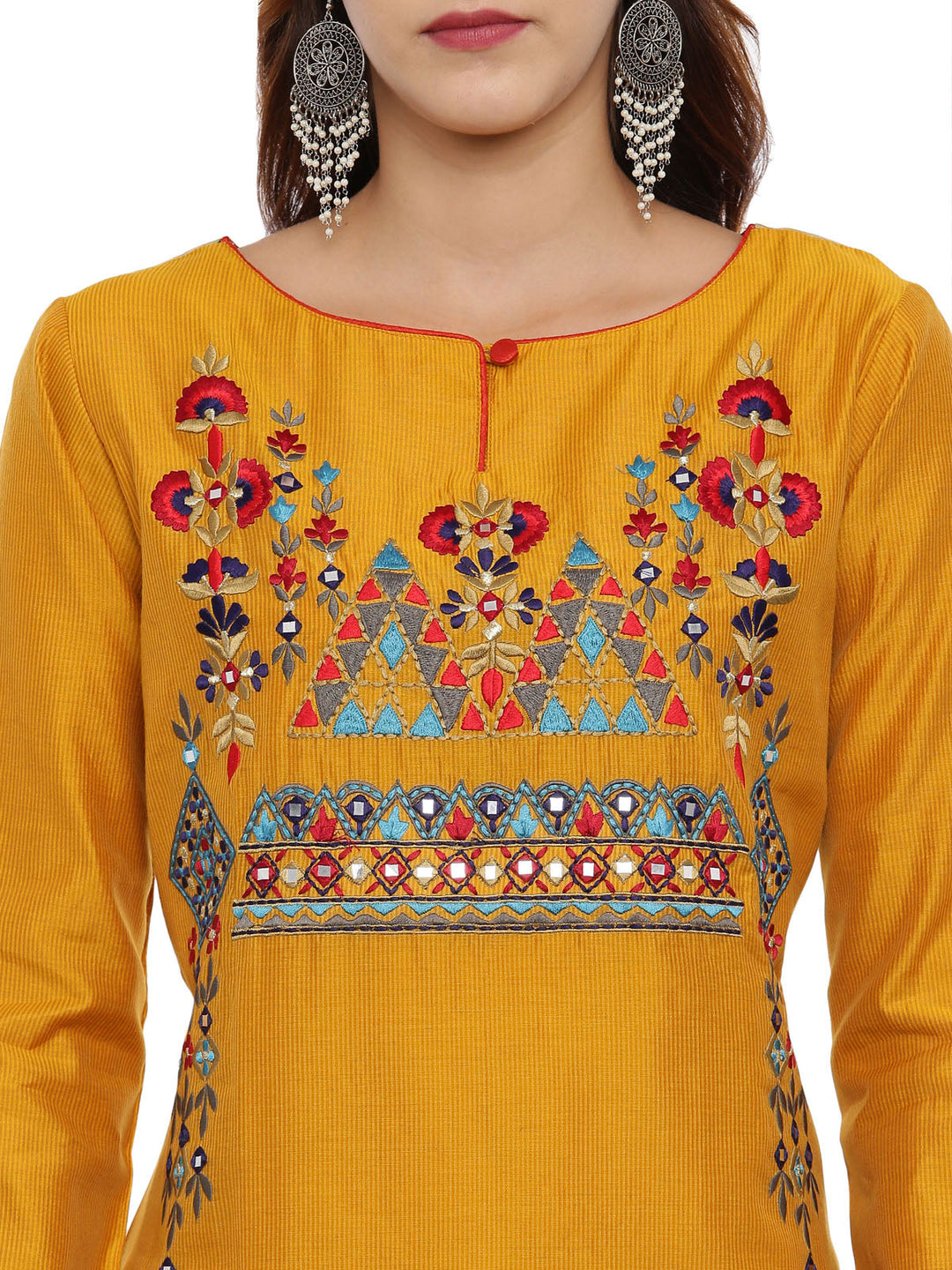 Neerus Yellow embroidered kurta set with pant and dupatta - back view