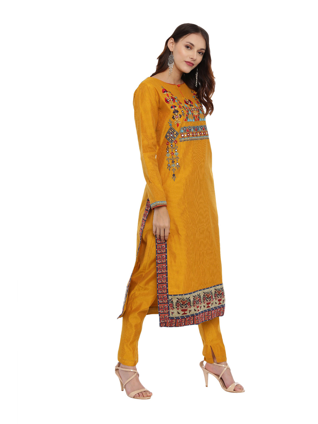 Neerus Yellow embroidered kurta set with pant and dupatta - side view