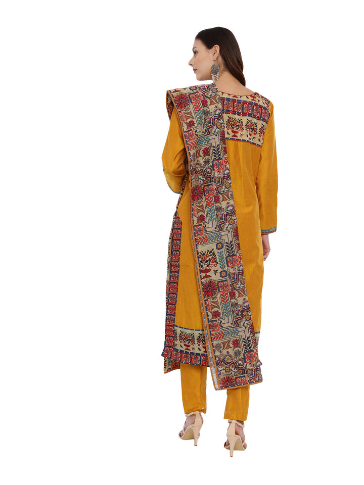 Neerus Yellow embroidered kurta set with pant and dupatta - detail view 1