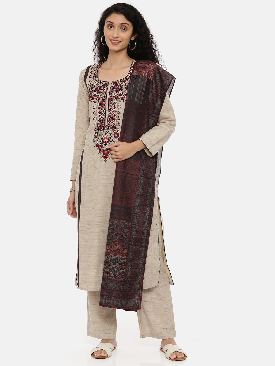 Neerus Beige Chanderi straight suit set - front view