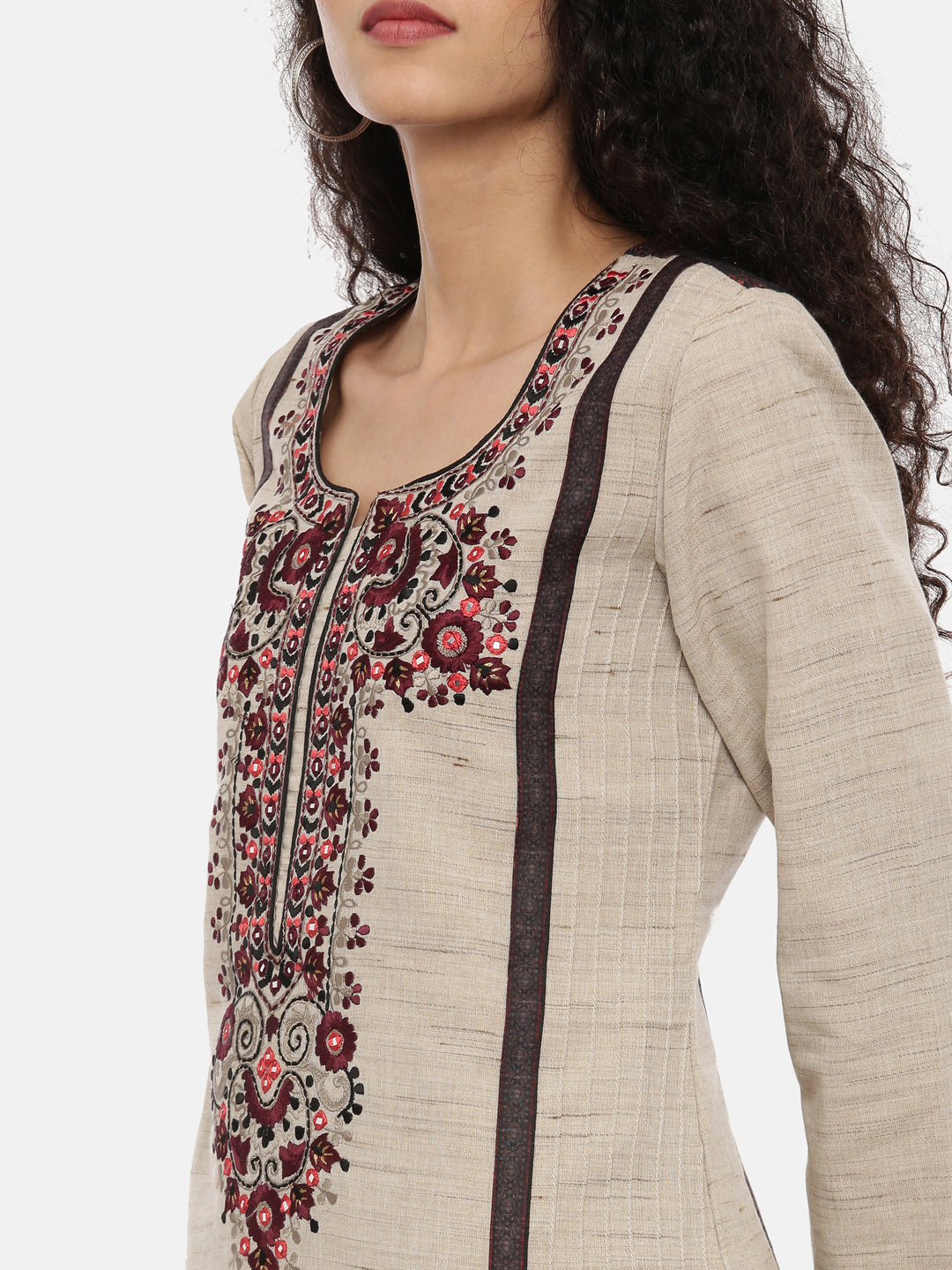 Neerus Beige Chanderi straight suit set - back view