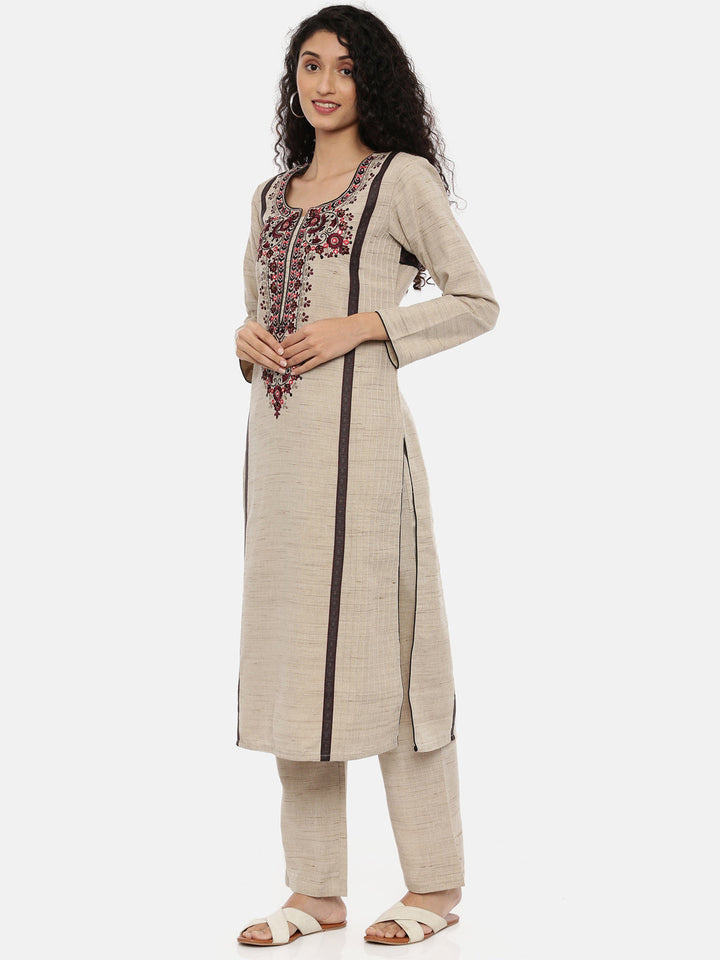 Neerus Beige Chanderi straight suit set - detail view 2