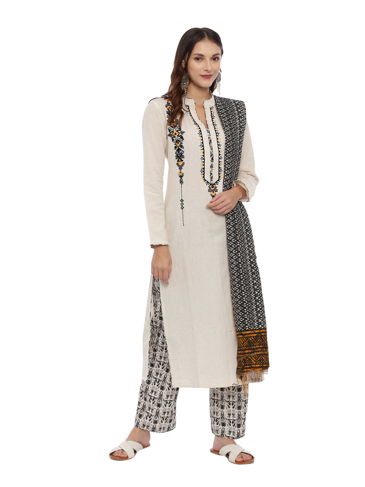 Neerus White embroidered kurta set with palazzo and dupatta - front view