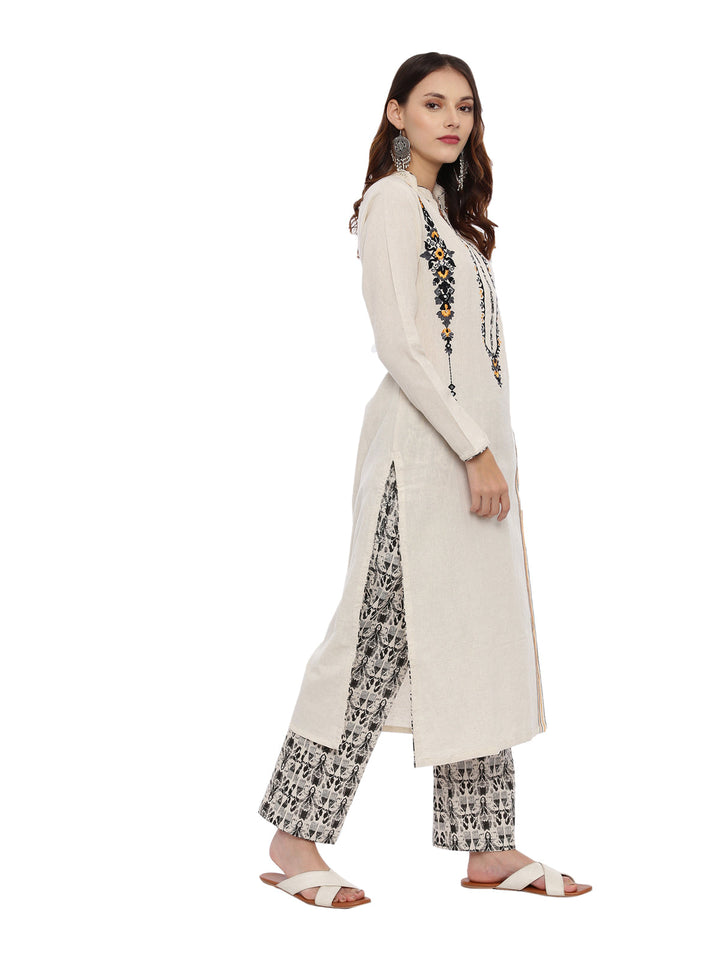 Neerus White embroidered kurta set with palazzo and dupatta - side view