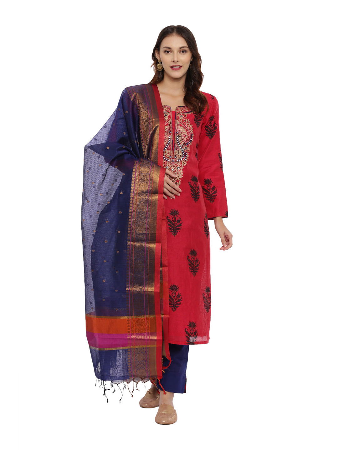 Neerus Red embroidered kurta set with pant and dupatta - back view