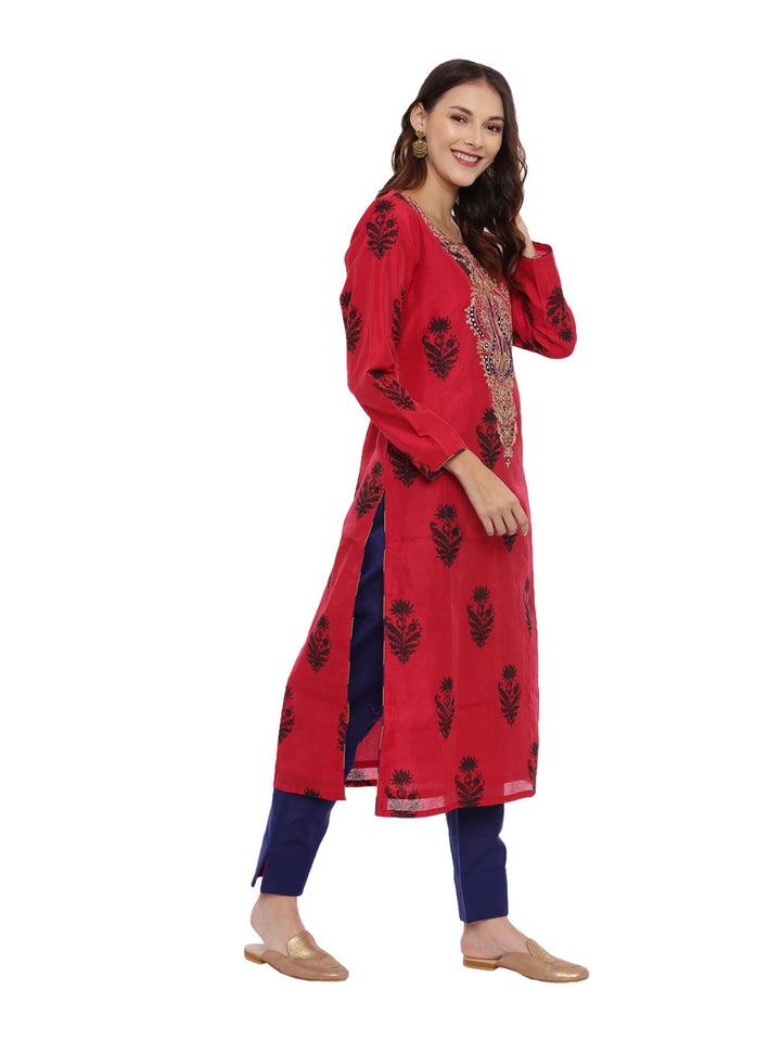 Neerus Red embroidered kurta set with pant and dupatta - detail view 1