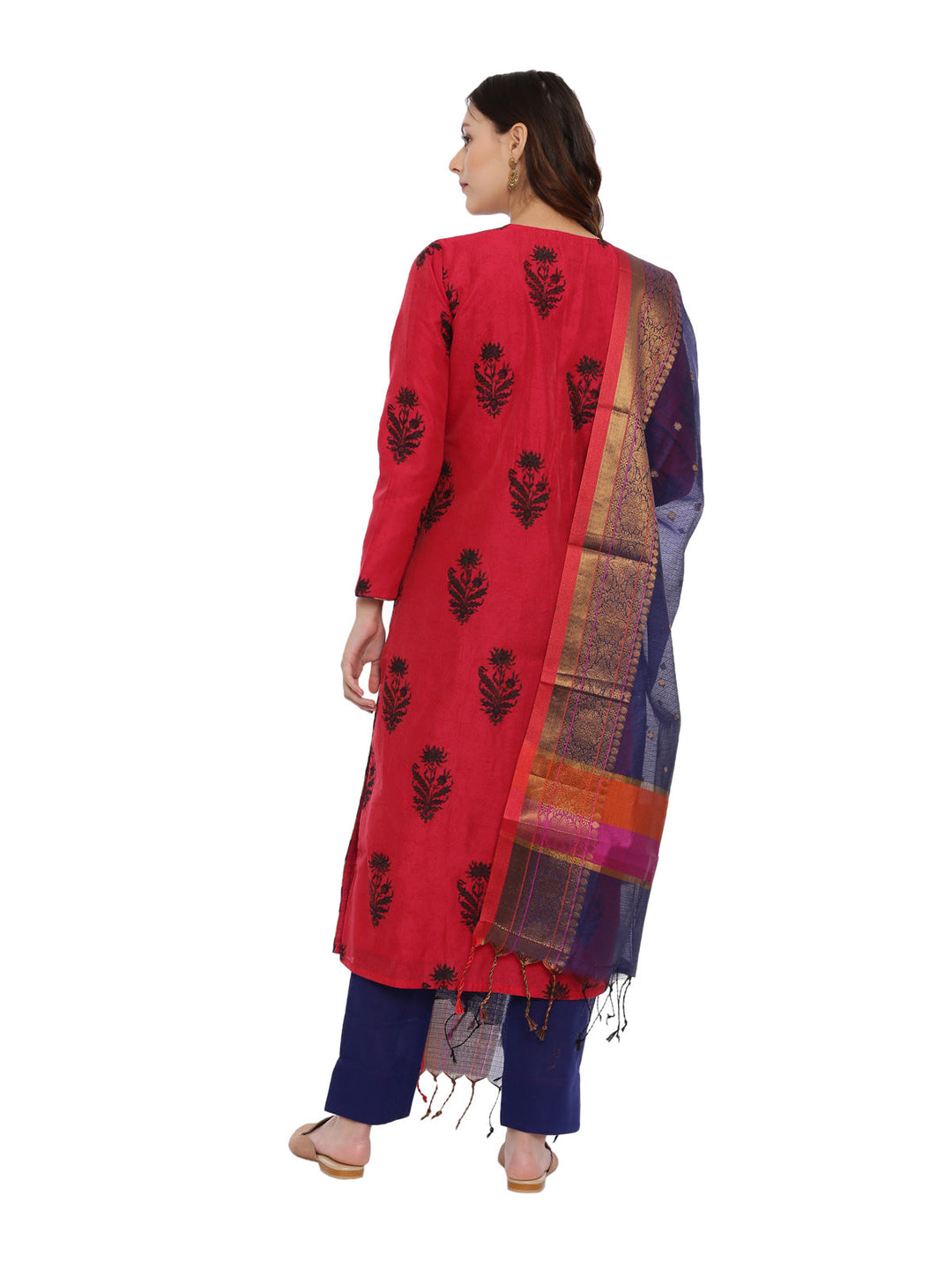 Neerus Red embroidered kurta set with pant and dupatta - detail view 2