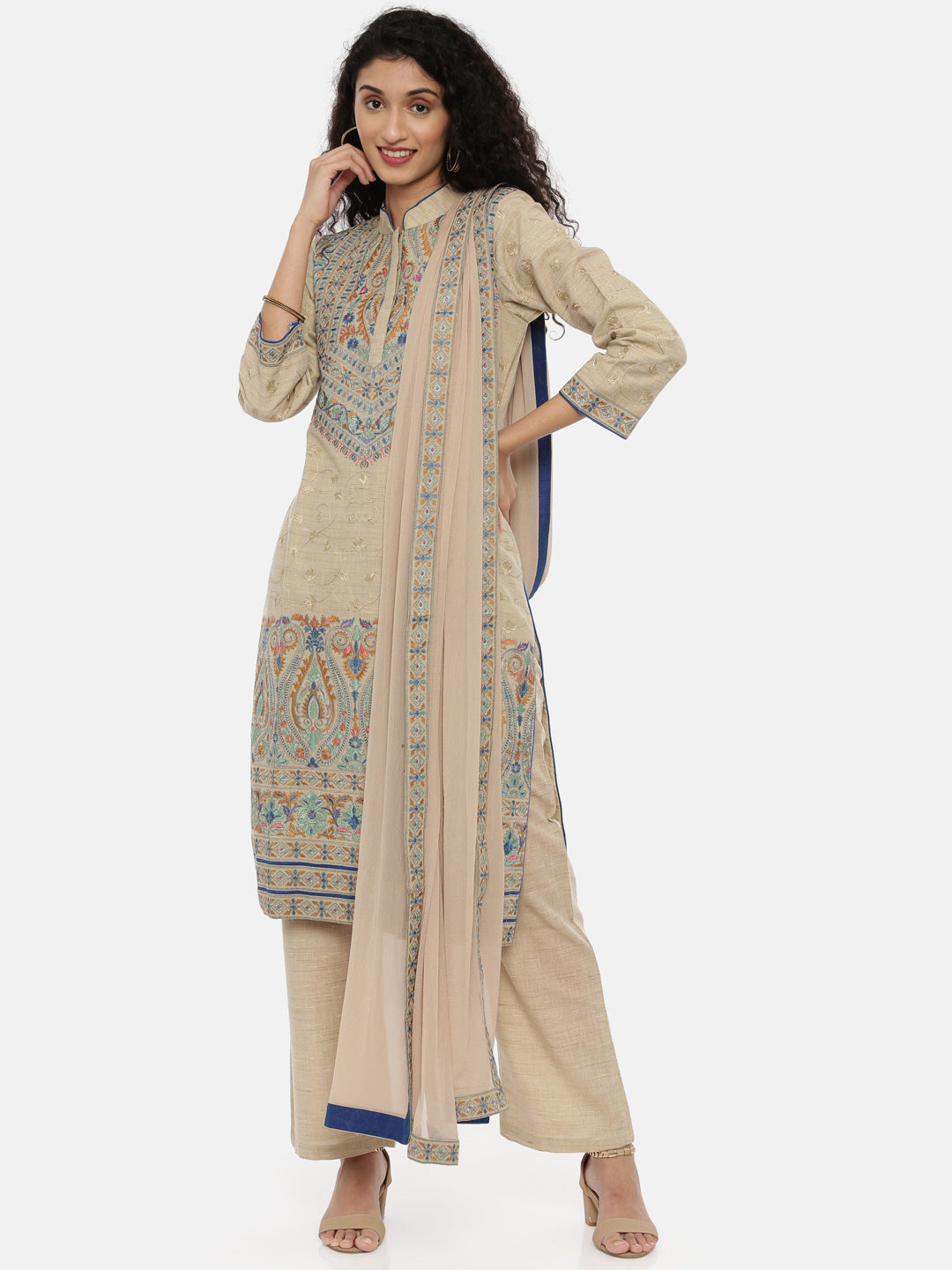 Neerus Beige embroidered kurta set with palazzo and dupatta - front view