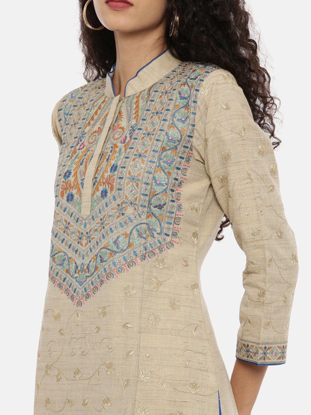 Neerus Beige embroidered kurta set with palazzo and dupatta - back view