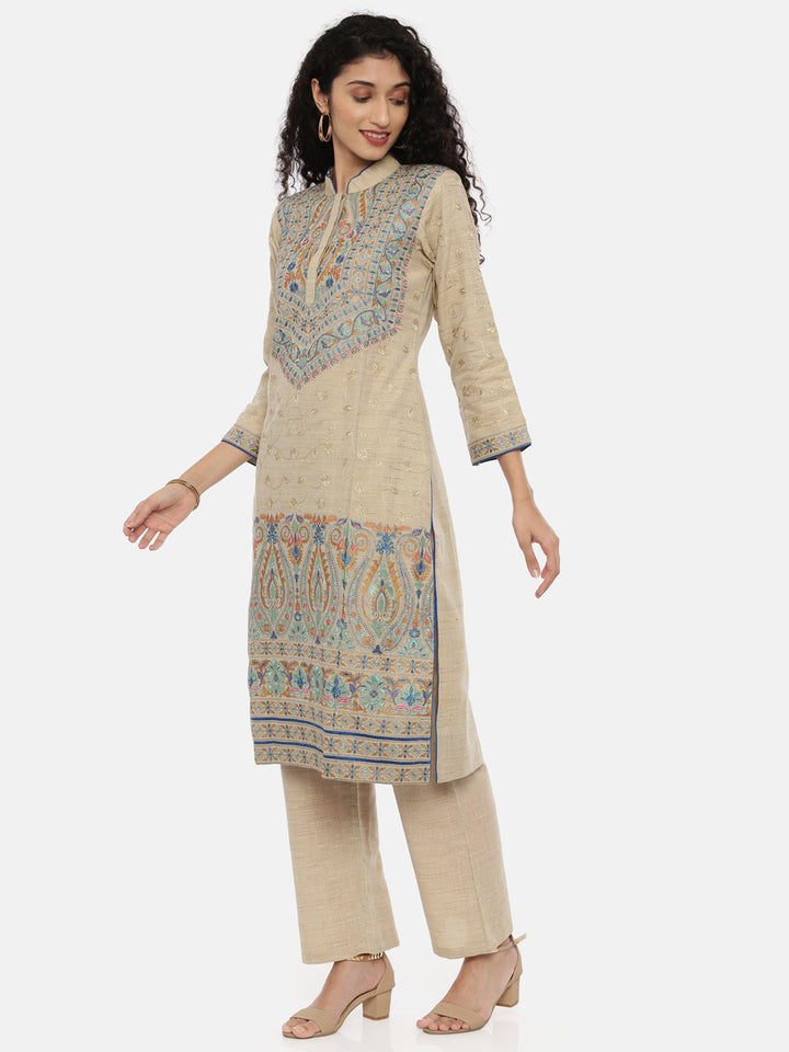 Neerus Beige embroidered kurta set with palazzo and dupatta - detail view 2