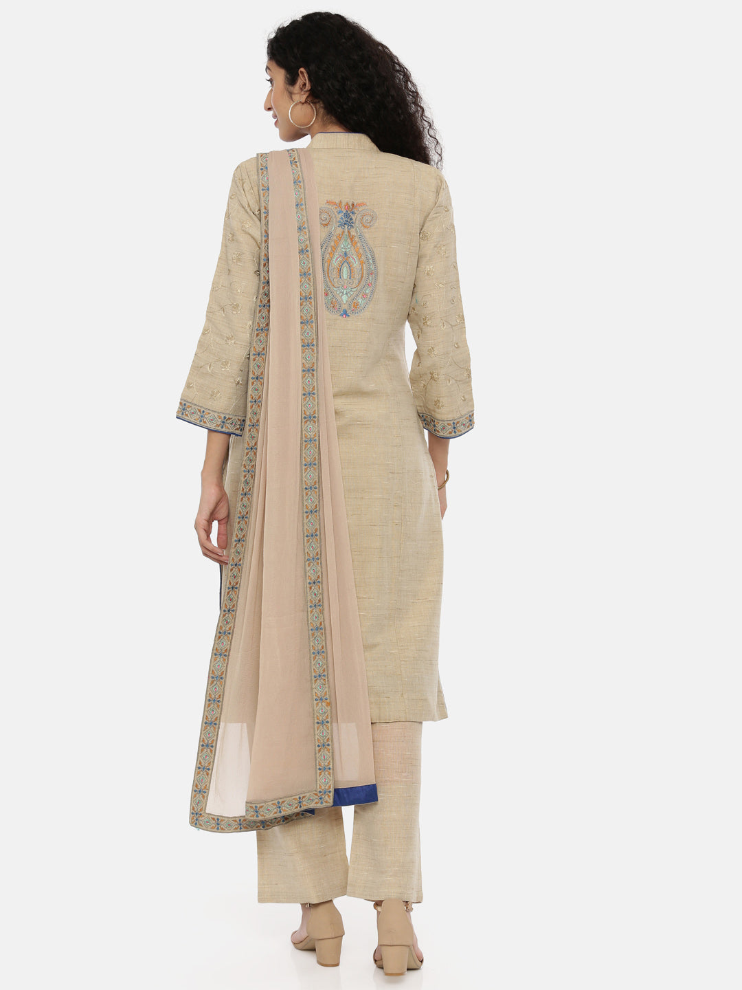 Neerus Beige embroidered kurta set with palazzo and dupatta - side view