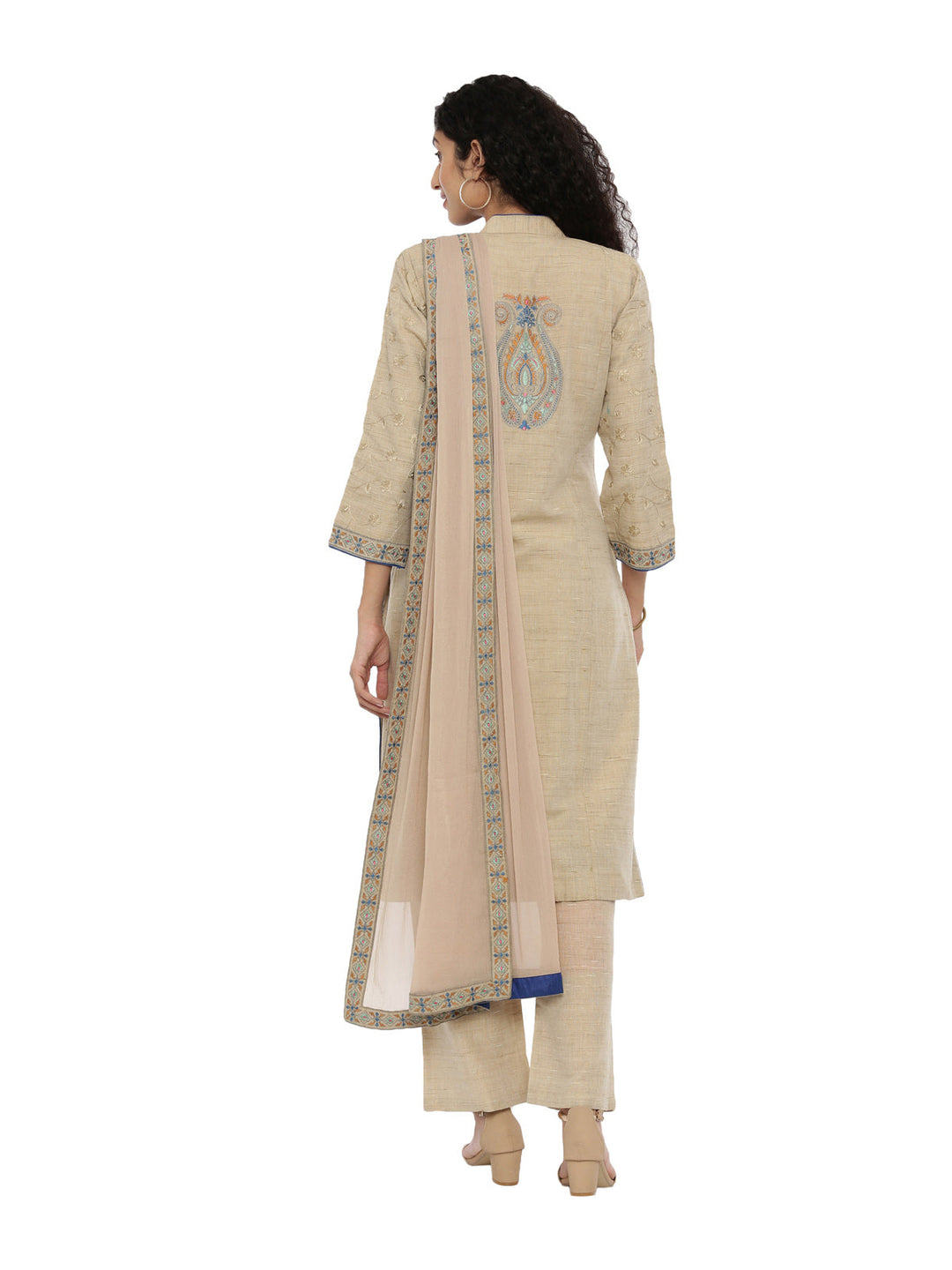 Neerus Beige embroidered kurta set with palazzo and dupatta - detail view 1