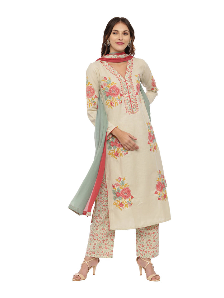 Neerus Beige khadi woven suit set - front view