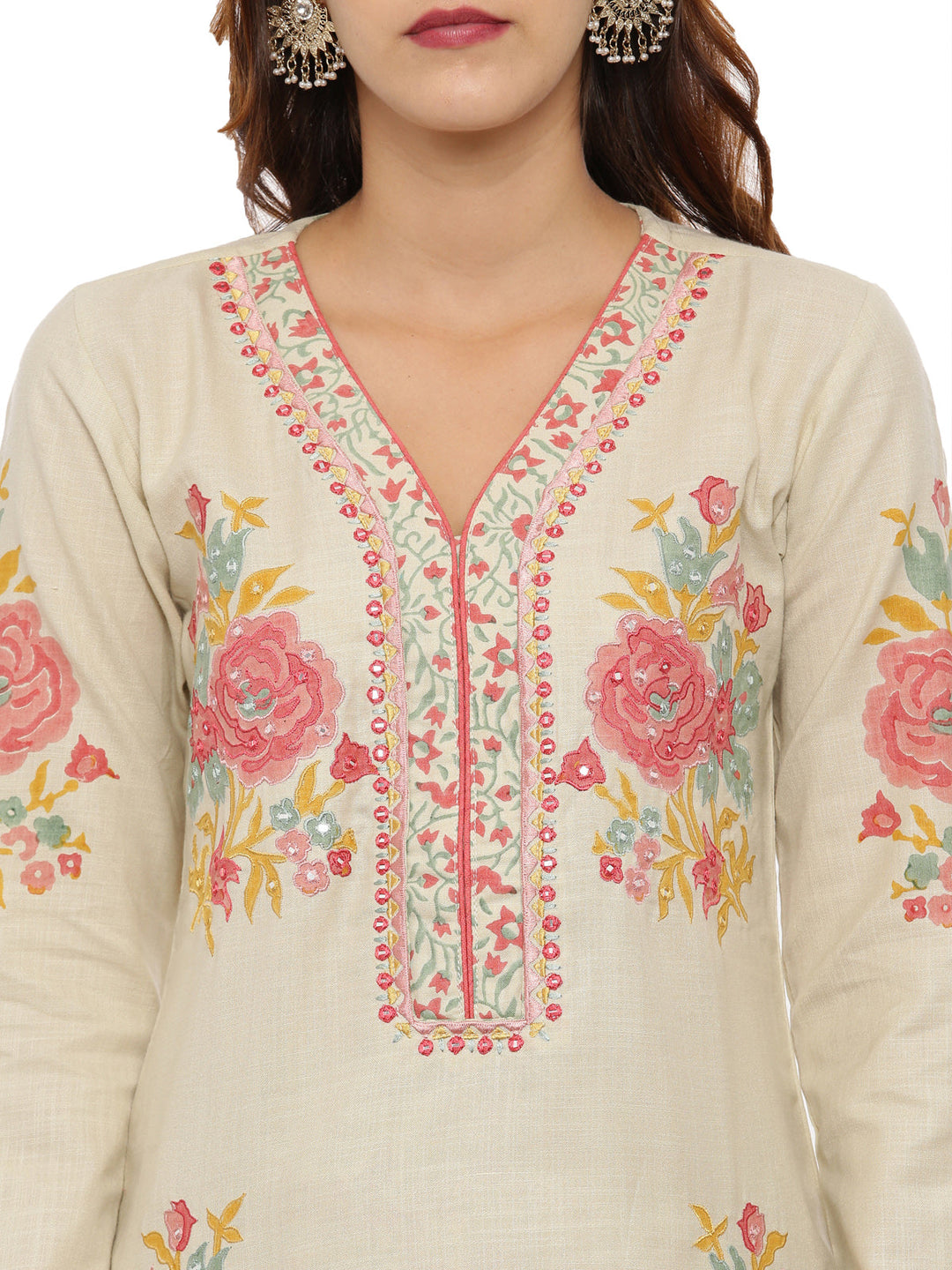 Neerus Beige khadi woven suit set - back view