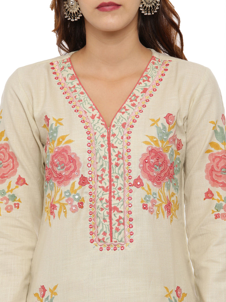 Neerus Beige khadi woven suit set - back view