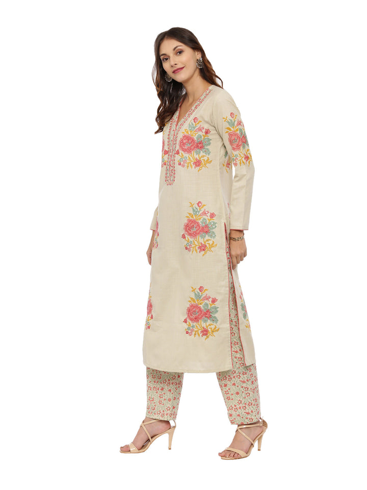 Neerus Beige khadi woven suit set - detail view 2