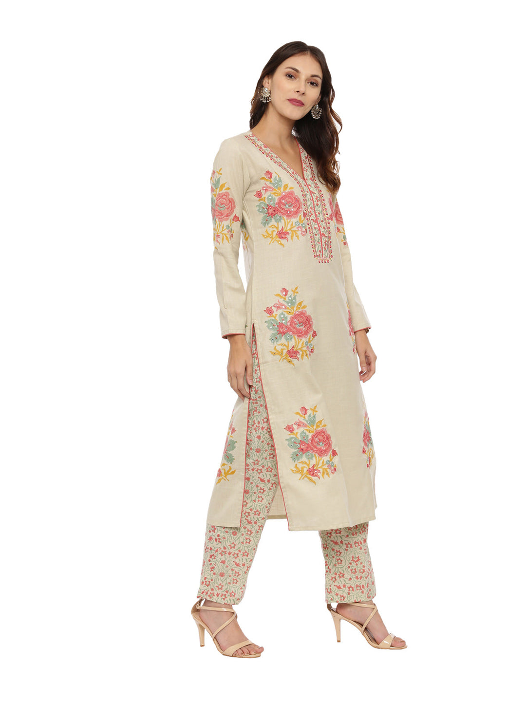 Neerus Beige khadi woven suit set - side view