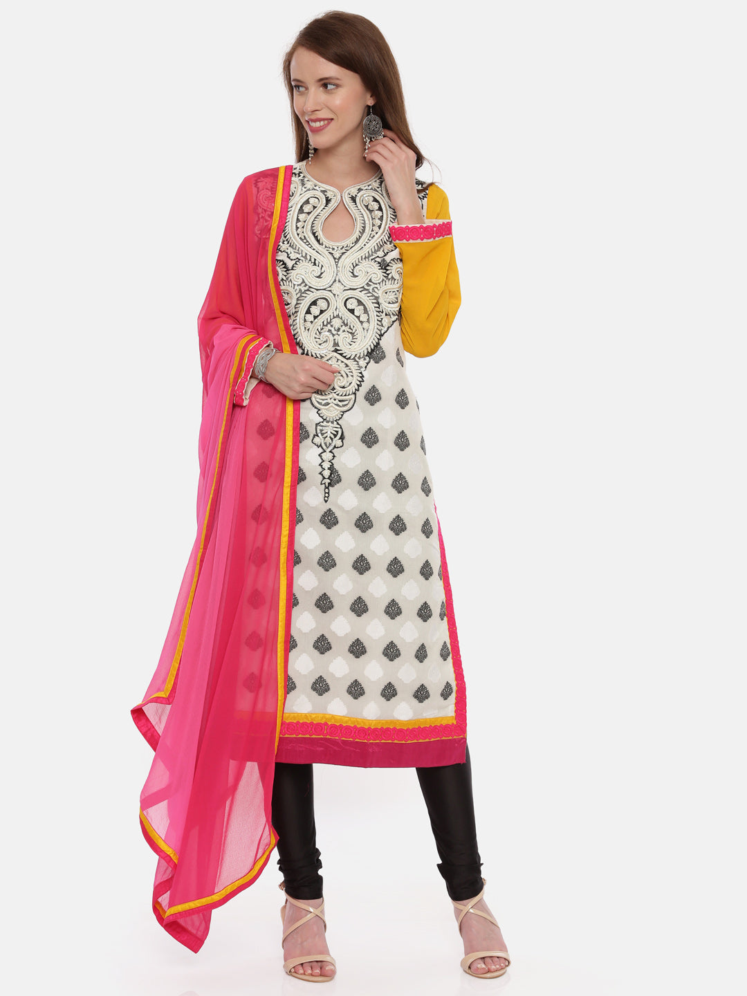Neerus Multi embroidered anarkali kurta set with churidar and dupatta - front view