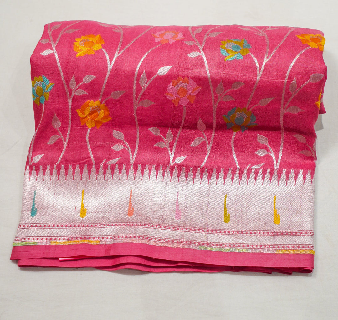 Neerus Orange Tussar Silk Woven Saree Paithani Border - side view