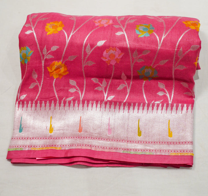 Peach Pure Handloom Tussar With Paithani Muniya Border All Over Multicolour Flowers