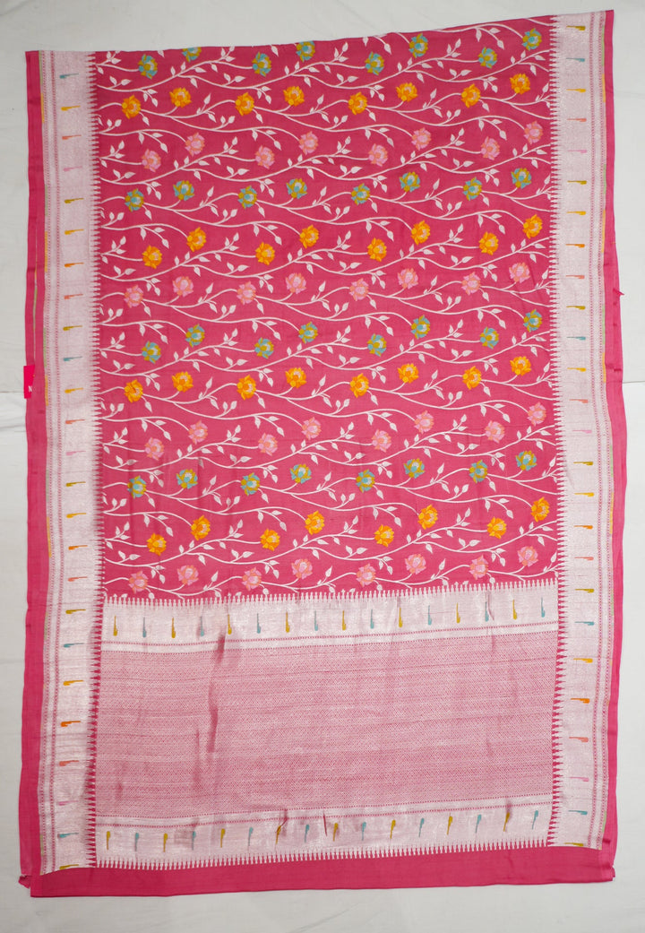 Peach Pure Handloom Tussar With Paithani Muniya Border All Over Multicolour Flowers