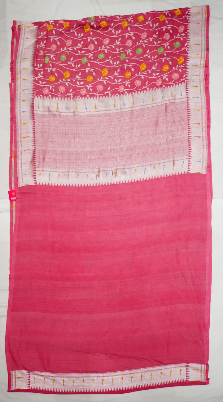 Peach Pure Handloom Tussar With Paithani Muniya Border All Over Multicolour Flowers
