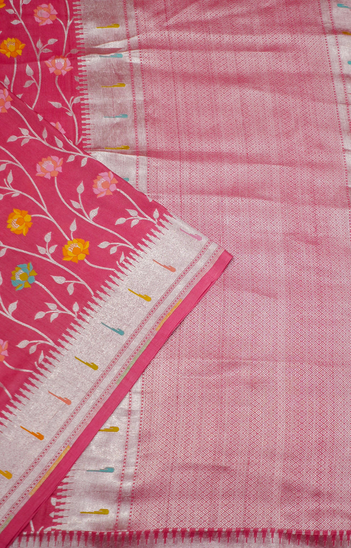 Peach Pure Handloom Tussar With Paithani Muniya Border All Over Multicolour Flowers