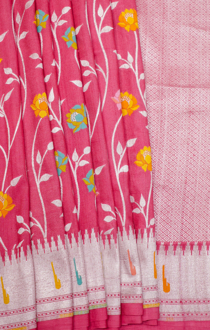 Neerus Orange Tussar Silk Woven Saree Paithani Border - detail view 3