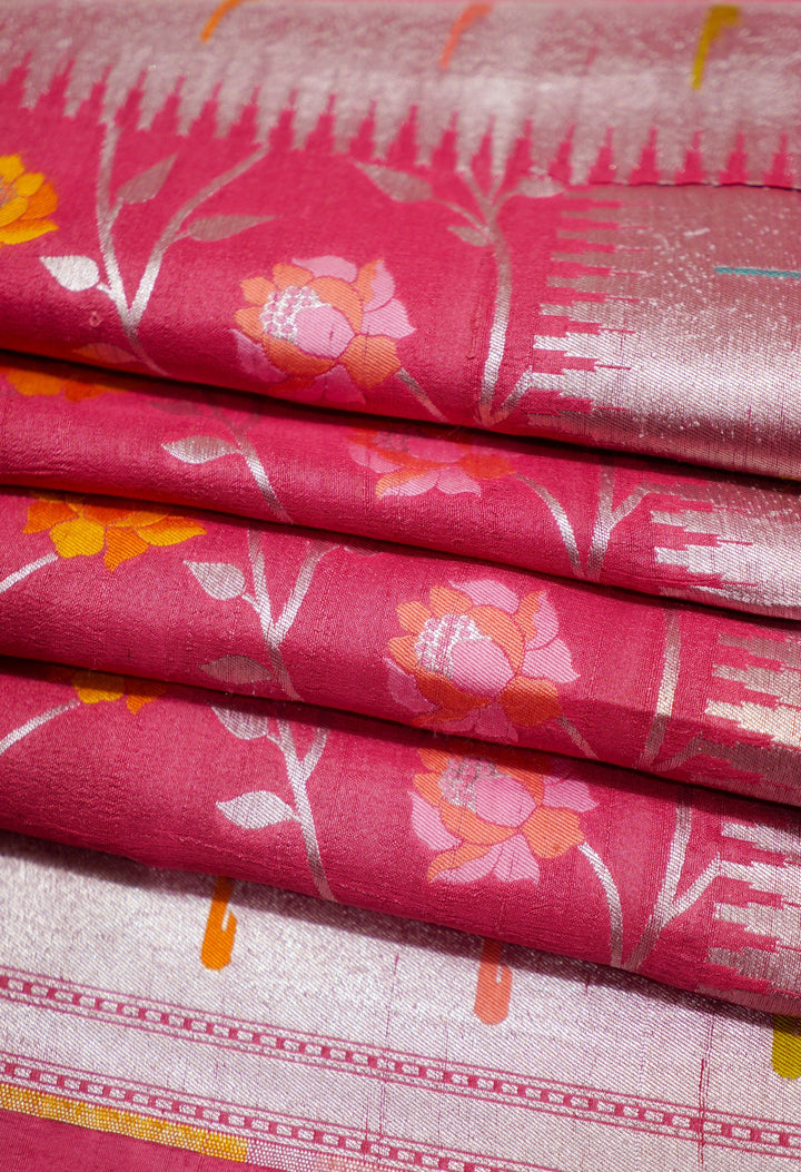 Neerus Orange Tussar Silk Woven Saree Paithani Border - detail view 2