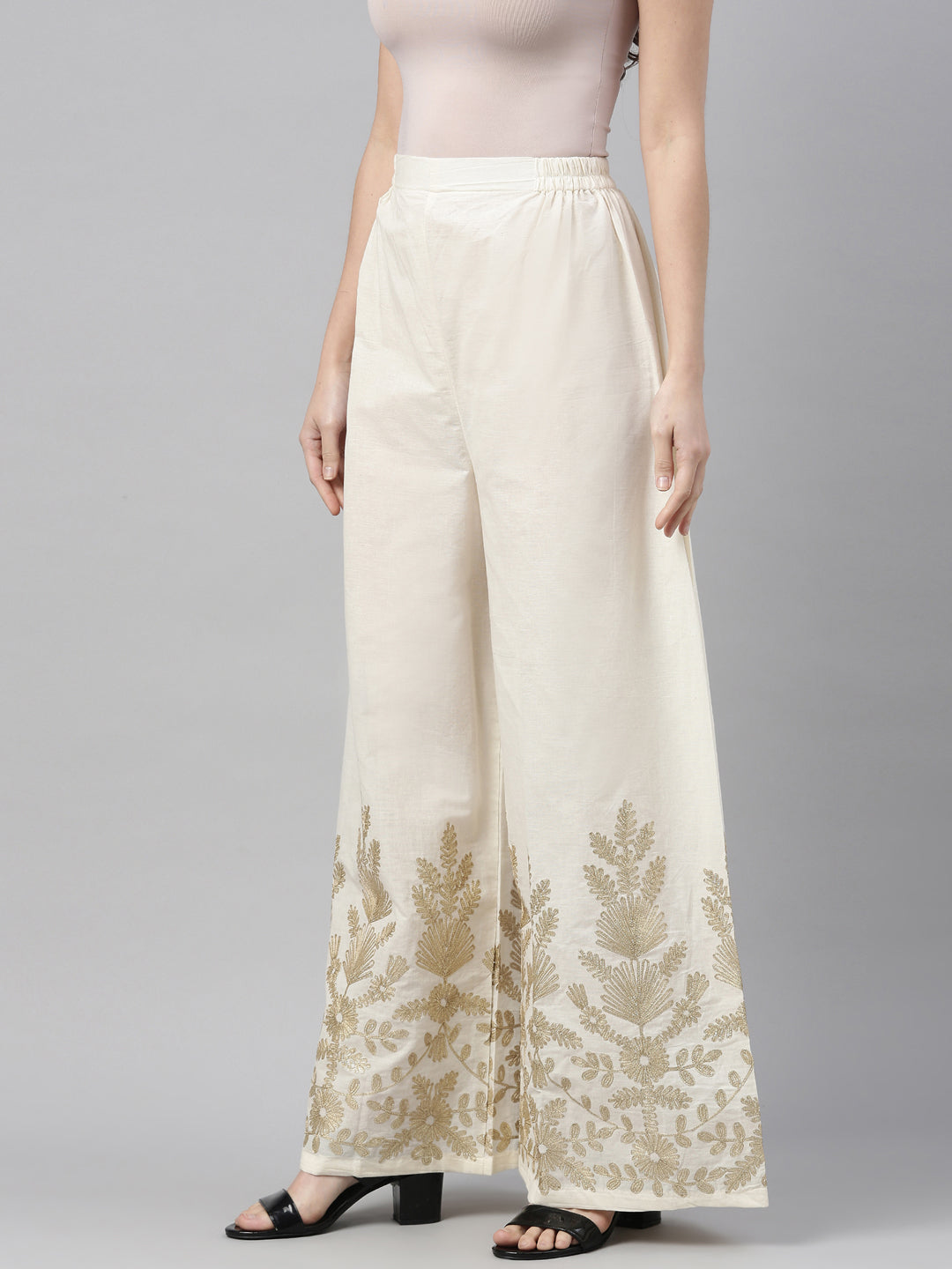 Neerus Beige solid flared palazzo bottom - side view