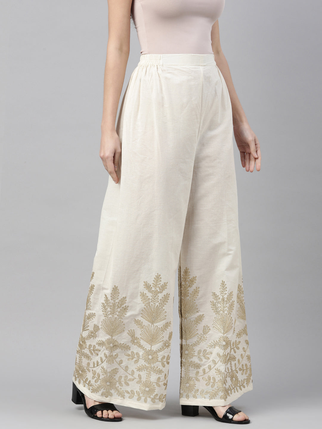 Neerus Beige solid flared palazzo bottom - detail view 1