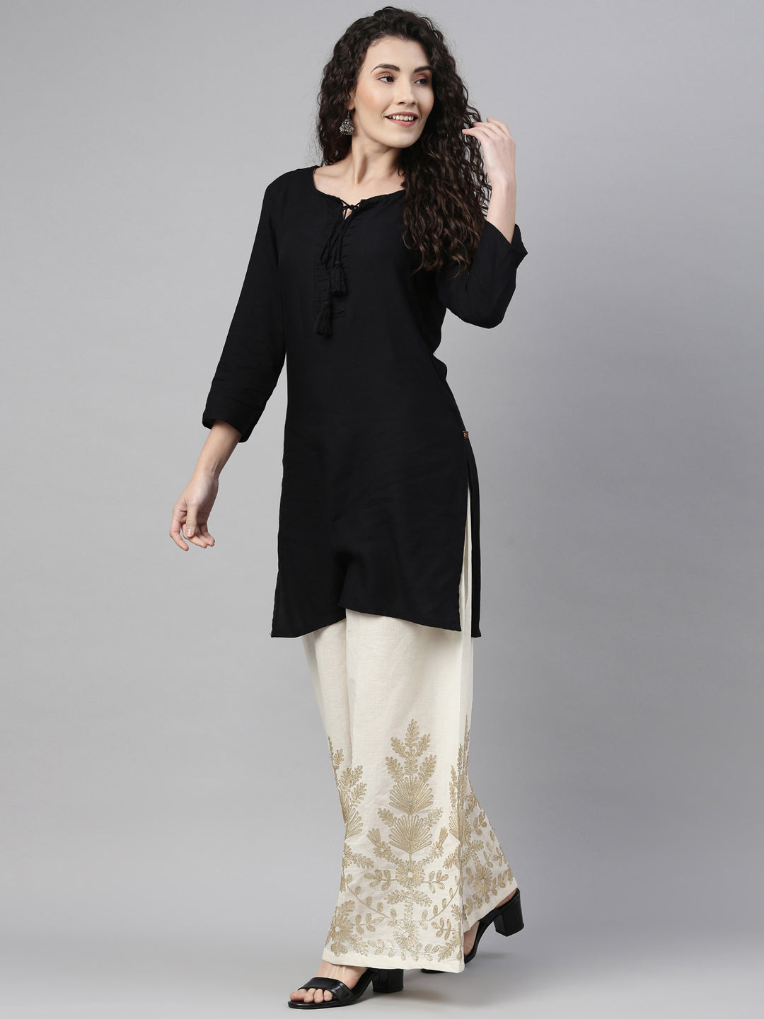 Neerus Beige solid flared palazzo bottom - front view