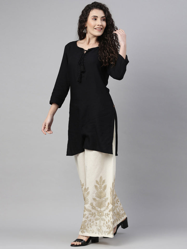 Neerus Beige solid flared palazzo bottom - front view