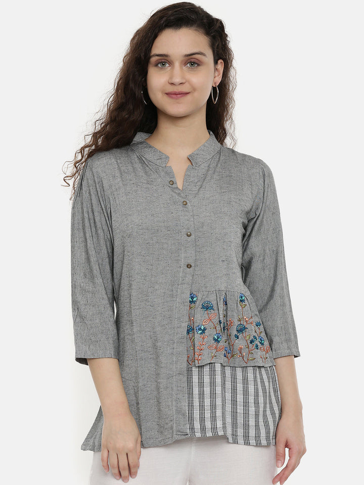 Neerus Grey rayon embroidered kurti - back view