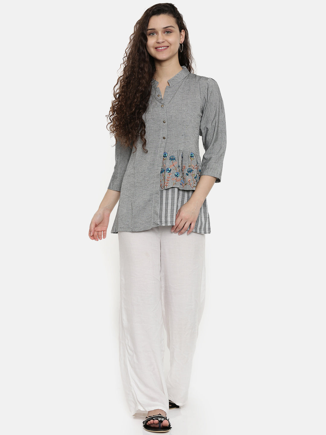 Neerus Grey rayon embroidered kurti - front view