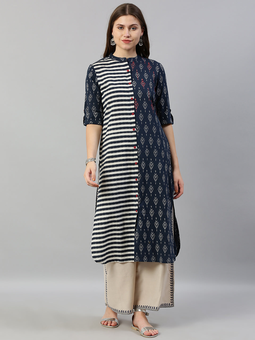 Neerus Blue striped printed straight kurta - front view