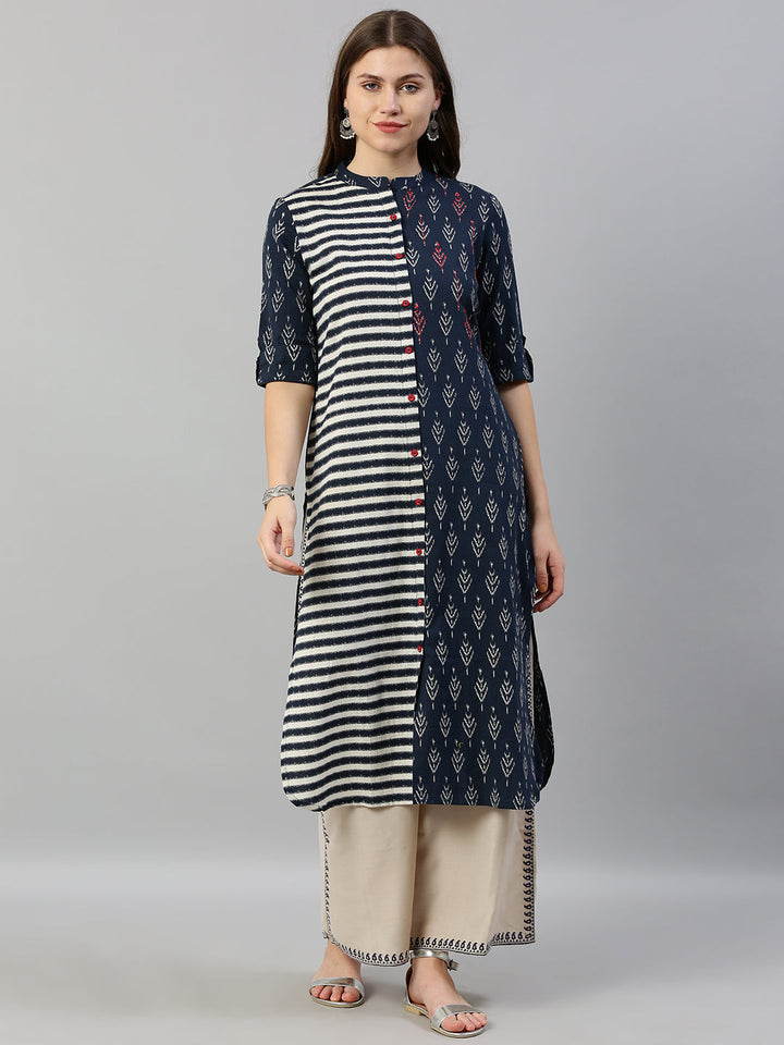 Neerus Blue striped printed straight kurta - front view