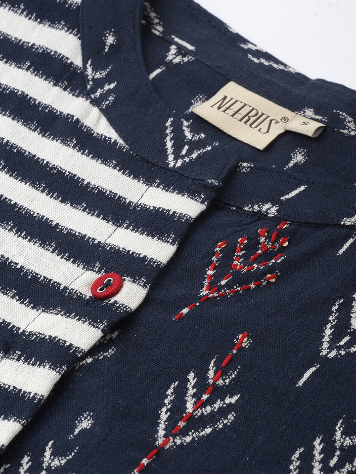 Neerus Blue striped printed straight kurta - side view