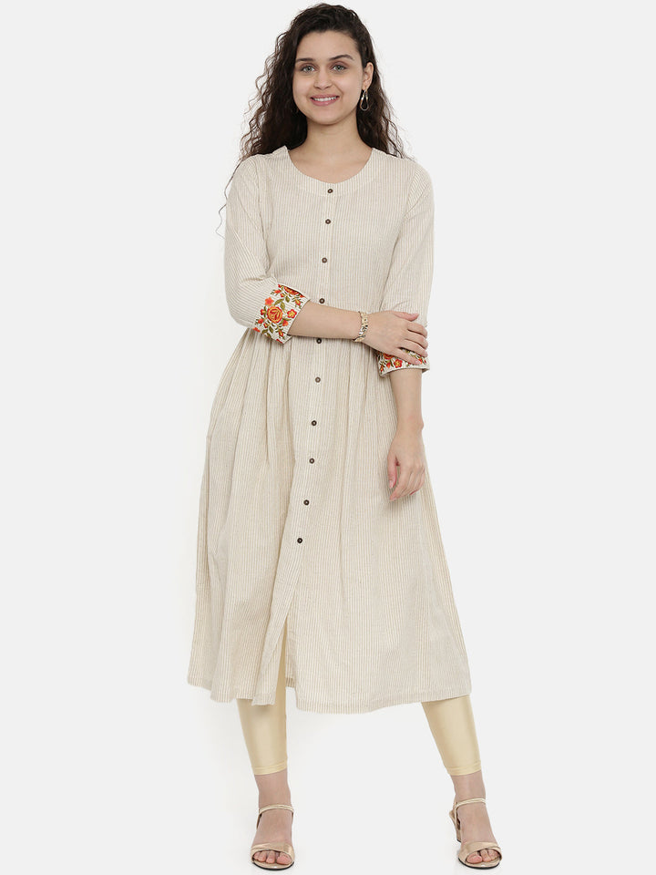 Neerus White cotton printed A-Line kurta - front view