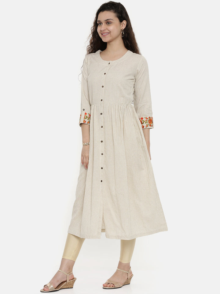 Neerus White cotton printed A-Line kurta - detail view 2