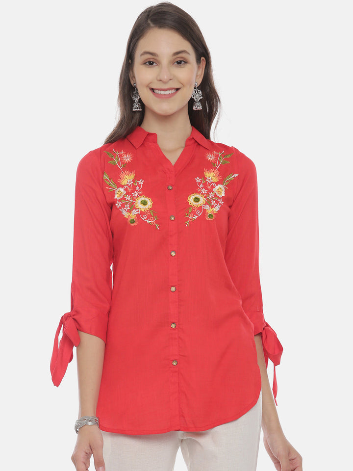 Neerus Red rayon embroidered high-low kurti - detail view 3